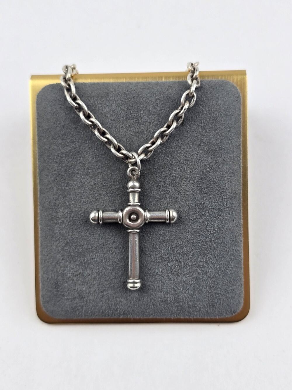 Hand made Sterling silver Cross necklace w/ single link chain 24" length artisan